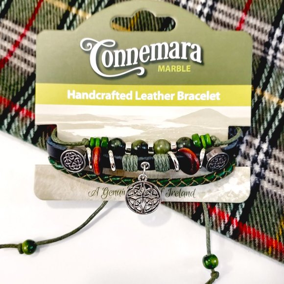 New Connemara Marble 3 Strand Leather Bracelet (Made in Ireland) - Picture 1 of 8